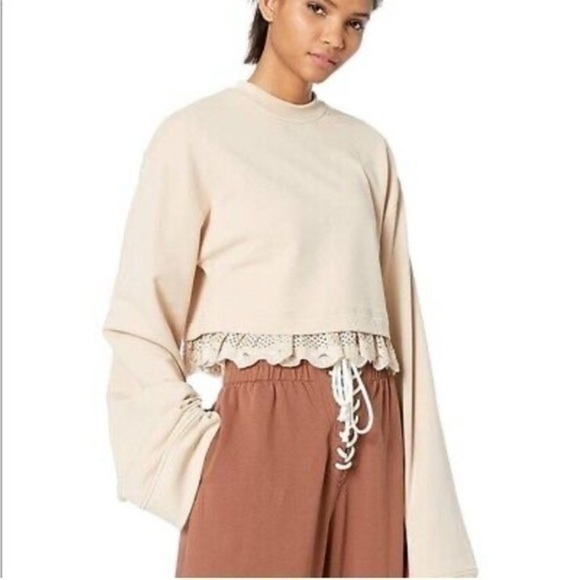 Fenty x Puma | Oversized Crop Beige Sweatshirt With Ruffled Trim Athleisure - Picture 2 of 16